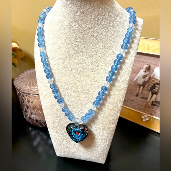 Vintage Jewelry - Vintage Blue & White Beaded Heart Necklace Reversible Black